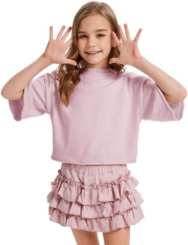 Girls Short Sleeve Sweater Kids Summer Oversized Cropped Sweaters Casual Crewneck Lightweight Knit Tops 5-14Y