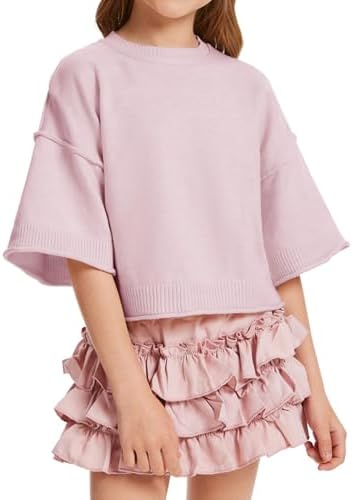 Girls Short Sleeve Sweater Kids Summer Oversized Cropped Sweaters Casual Crewneck Lightweight Knit Tops 5-14Y