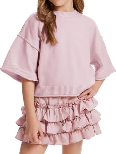 Girls Short Sleeve Sweater Kids Summer Oversized Cropped Sweaters Casual Crewneck Lightweight Knit Tops 5-14Y