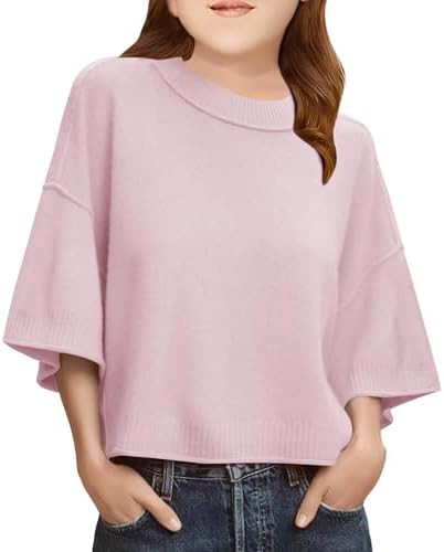 Girls Short Sleeve Sweater Kids Summer Oversized Cropped Sweaters Casual Crewneck Lightweight Knit Tops 5-14Y