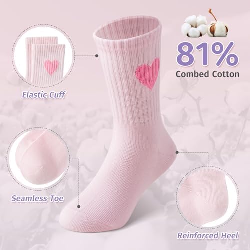 Girls Socks Kids Cotton Socks Pink Crew Athletic Socks With Hearts & Stripes 5 Pairs