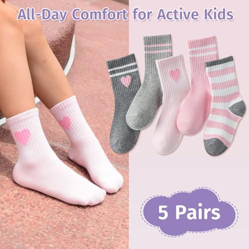 Girls Socks Kids Cotton Socks Pink Crew Athletic Socks With Hearts & Stripes 5 Pairs
