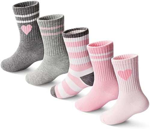 Girls Socks Kids Cotton Socks Pink Crew Athletic Socks with Hearts & Stripes 5 Pairs