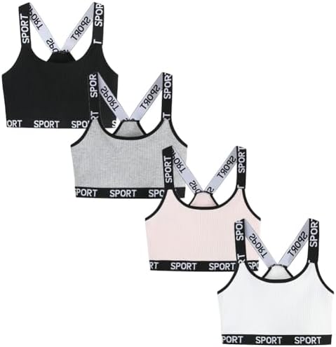 Girls Sports Bra Unpadded Crop Top Cotton Pack of 4 Grey Black White and Pink