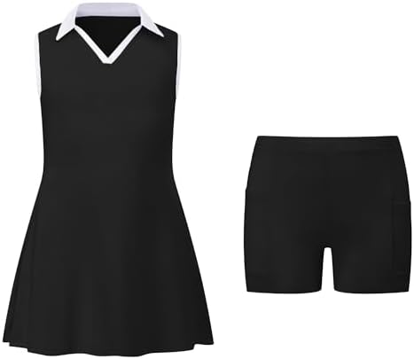 Girls Tennis Dress Golf Outfit Sleeveless V Neck Workout Athletic Dresses Skirt With Shorts Pockets