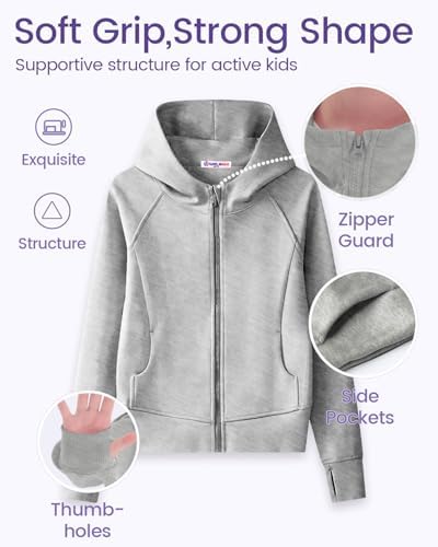 Girls' Zip-Up Hoodie Sweatshirt Kids Teens Lightweight Long Sleeve Hooded Jacket With Pockets
