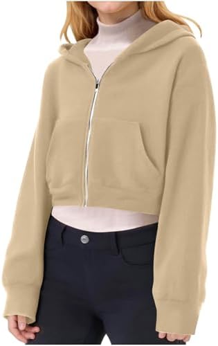 Girls Zip Up Hoodie Y2K Oversized Cropped Hoodies Trendy Long Sleeve Drop Shoulder Pocket Casual Sweatshirts Jackets