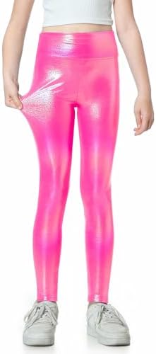Gnainach Girls Metallic Leggings High Waisted Kids Yoga Pants Stretch Shiny Running Dance Tights For Teen School Workout
