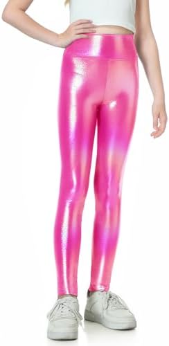 Gnainach Girls Metallic Leggings High Waisted Kids Yoga Pants Stretch Shiny Running Dance Tights for Teen School Workout