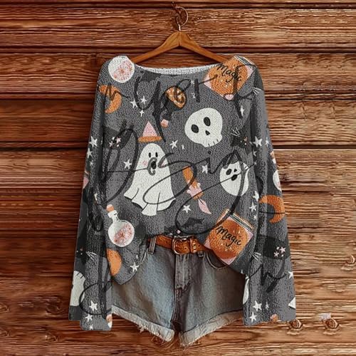 Halloween Sweaters For Women Cute Ghost Spooky Season Pumpkin Sweater Fall Crewneck Vintage Boho Pullover Tops