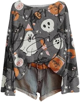 Halloween Sweaters for Women Cute Ghost Spooky Season Pumpkin Sweater Fall Crewneck Vintage Boho Pullover Tops