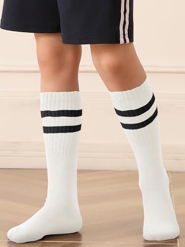 Haloumoning 3 Pairs Boys Soccer Athletic Socks Kids Striped Football Knee High Uniform Sports Tube Socks 4-15 Years
