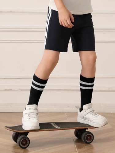 Haloumoning 3 Pairs Boys Soccer Athletic Socks Kids Striped Football Knee High Uniform Sports Tube Socks 4-15 Years