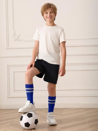 Haloumoning 3 Pairs Boys Soccer Athletic Socks Kids Striped Football Knee High Uniform Sports Tube Socks 4-15 Years