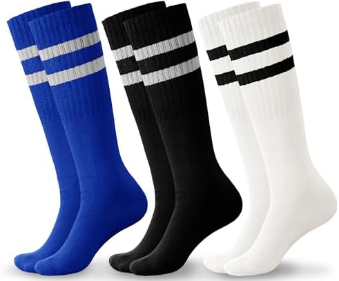 Haloumoning 3 Pairs Boys Soccer Athletic Socks Kids Striped Football Knee High Uniform Sports Tube Socks 4-15 Years