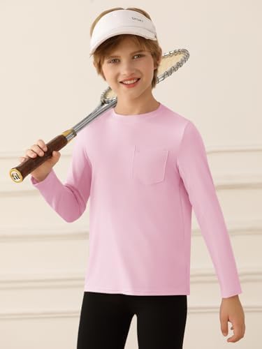 Haloumoning Boys Athletic Long Sleeve Shirts Kids Dry Fit Performance Active Tees With Chest Pocket 5-14 Years