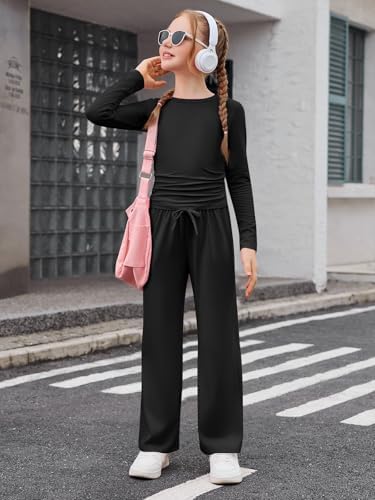 Haloumoning Girls 2 Piece Outfits Kids Ruched Long Sleeve Tops And Wide Leg Pants With Pockets Sweatsuit Clothing Sets