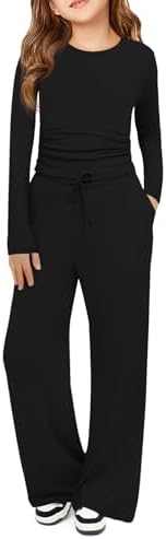 Haloumoning Girls 2 Piece Outfits Kids Ruched Long Sleeve Tops and Wide Leg Pants with Pockets Sweatsuit Clothing Sets