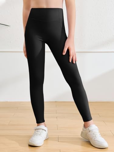 Haloumoning Girls Athletic Leggings With Pockets Kids High Waist Active Tights Dance Running Yoga Pants 5-14 Years