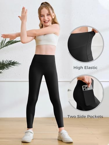 Haloumoning Girls Athletic Leggings With Pockets Kids High Waist Active Tights Dance Running Yoga Pants 5-14 Years