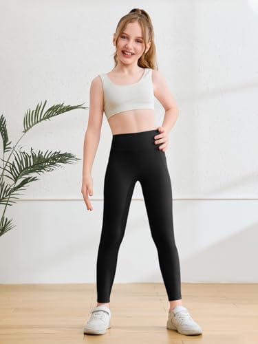 Haloumoning Girls Athletic Leggings With Pockets Kids High Waist Active Tights Dance Running Yoga Pants 5-14 Years