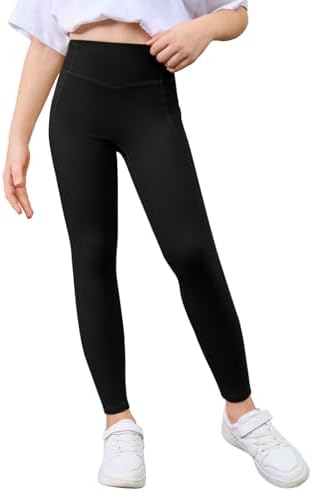Haloumoning Girls Athletic Leggings with Pockets Kids High Waist Active Tights Dance Running Yoga Pants 5-14 Years