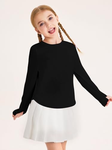 Haloumoning Girls Athletic Long Sleeve Shirts Kids Side Slit Quick Dry Workout Tops Tees With Thumb Hole 5-14 Years