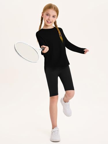 Haloumoning Girls Athletic Long Sleeve Shirts Kids Side Slit Quick Dry Workout Tops Tees With Thumb Hole 5-14 Years