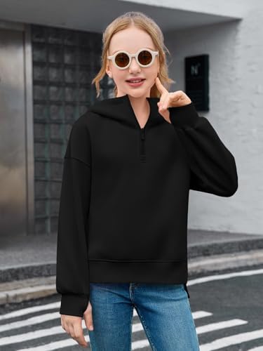 Haloumoning Girls Athletic Quarter Zip Fleece Hoodies Kids Side Slits Sweatshirts Thumb Hole Pullover Tops 5-14 Years