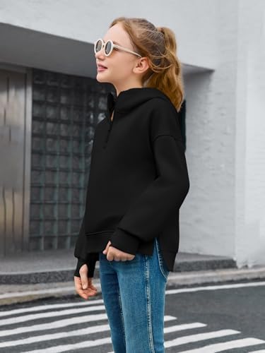 Haloumoning Girls Athletic Quarter Zip Fleece Hoodies Kids Side Slits Sweatshirts Thumb Hole Pullover Tops 5-14 Years