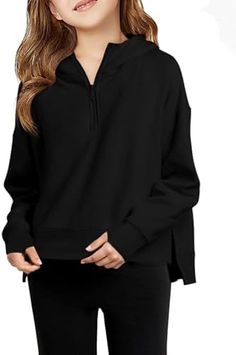Haloumoning Girls Athletic Quarter Zip Fleece Hoodies Kids Side Slits Sweatshirts Thumb Hole Pullover Tops 5-14 Years