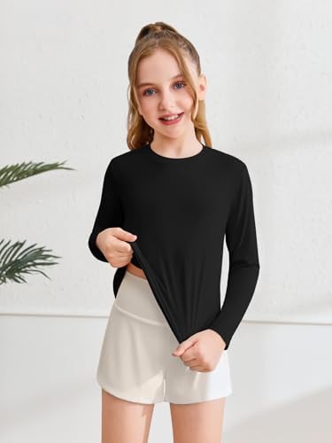 Haloumoning Girls Athletic Shirts Kids Long Sleeve Workout Tops Split Back Quick Dry T-Shirt 5-14Y