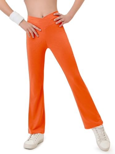 Haloumoning Girls Crossover High Waisted Flare Pants Kids Bootcut Leggings Full Length Bell Bottoms 5-14 Years