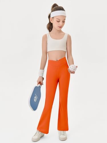 Haloumoning Girls Crossover High Waisted Flare Pants Kids Bootcut Leggings Full Length Bell Bottoms 5-14 Years