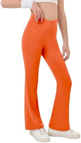 Haloumoning Girls Crossover High Waisted Flare Pants Kids Bootcut Leggings Full Length Bell Bottoms 5-14 Years