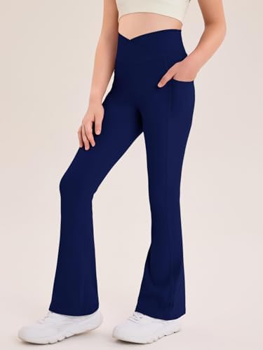 Haloumoning Girls Flare Leggings Kids Bell Bottoms High Waisted Dance Yoga Flared Pants With Pockets 5-14Y