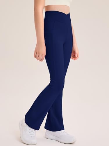 Haloumoning Girls Flare Leggings Kids Bell Bottoms High Waisted Dance Yoga Flared Pants With Pockets 5-14Y
