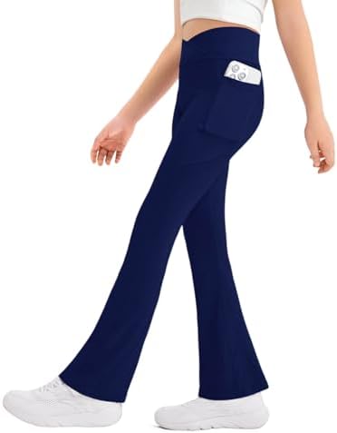 Haloumoning Girls Flare Leggings Kids Bell Bottoms High Waisted Dance Yoga Flared Pants with Pockets 5-14Y