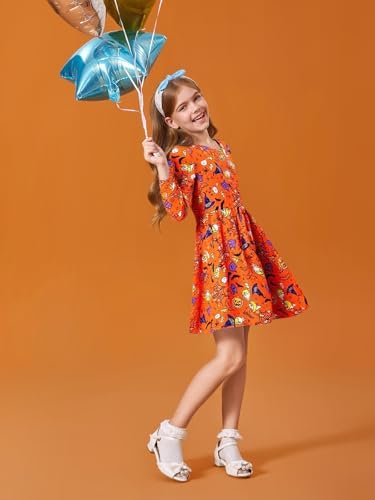 Haloumoning Girls Long Sleeve T-Shirt Dresses Kids Fall A-Line Twirly Skater Dresses 5-14 Years