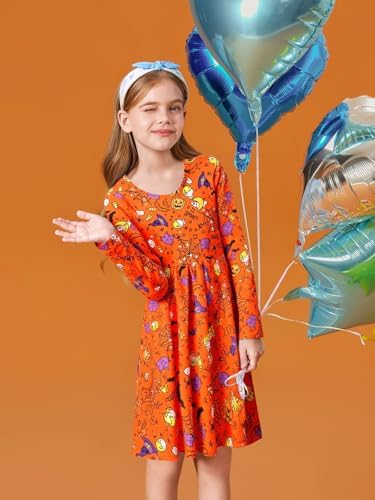 Haloumoning Girls Long Sleeve T-Shirt Dresses Kids Fall A-Line Twirly Skater Dresses 5-14 Years