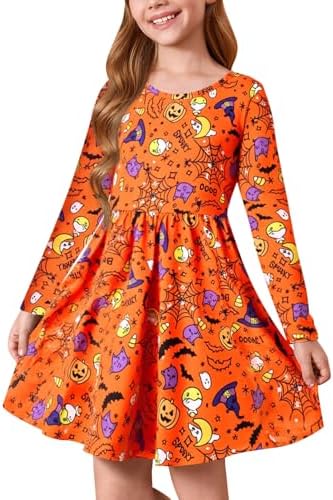 Haloumoning Girls Long Sleeve T-Shirt Dresses Kids Fall A-Line Twirly Skater Dresses 5-14 Years