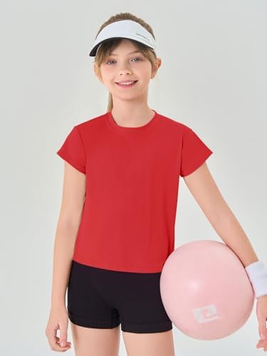 Haloumoning Girls Loose Athletic Shirts Short Sleeve Crop Tops Kids Quick Dry Gym Yoga Tees 5-14 Years