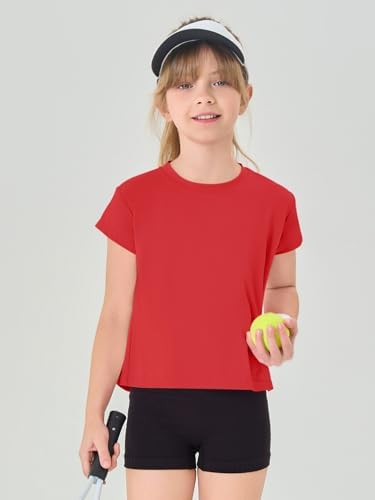 Haloumoning Girls Loose Athletic Shirts Short Sleeve Crop Tops Kids Quick Dry Gym Yoga Tees 5-14 Years
