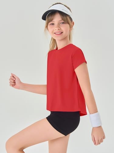 Haloumoning Girls Loose Athletic Shirts Short Sleeve Crop Tops Kids Quick Dry Gym Yoga Tees 5-14 Years