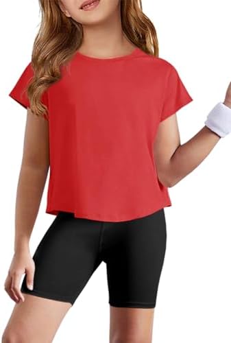 Haloumoning Girls Loose Athletic Shirts Short Sleeve Crop Tops Kids Quick Dry Gym Yoga Tees 5-14 Years
