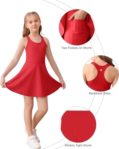 Haloumoning Girls Sleeveless Tennis Dress Kids Racerback Golf Dress School Sports Dresses Outfit With Shorts Pockets