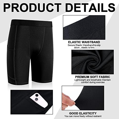 Handepo 3 Pack Youth Boys Compression Shorts With Side Pockets Performance Base Layers Athletic Underwear Workout For Kids
