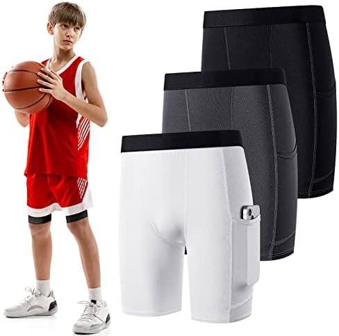 Handepo 3 Pack Youth Boys Compression Shorts with Side Pockets Performance Base Layers Athletic Underwear Workout for Kids