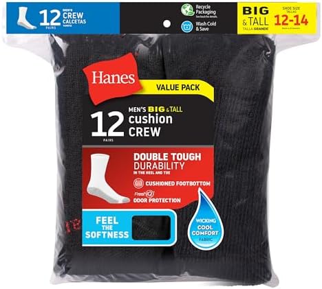 Hanes Men's Max Cushion Double Tough Crew Socks 12-Pair Pack