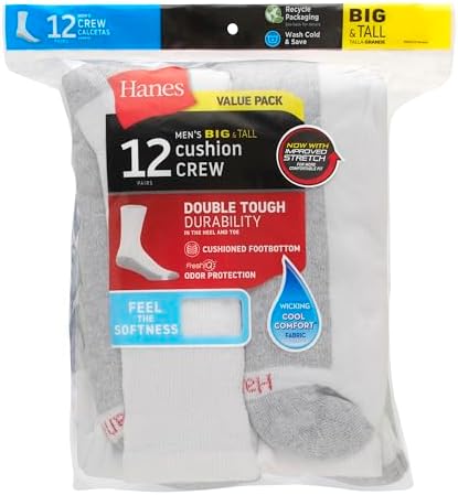 Hanes Men's Max Cushion Double Tough Crew Socks 12-Pair Pack